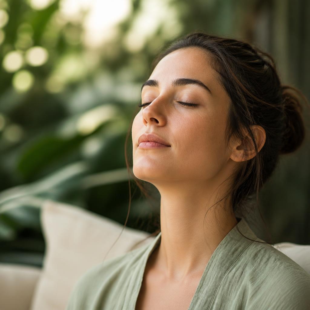 Woman practising nasal breathing with a serene expression